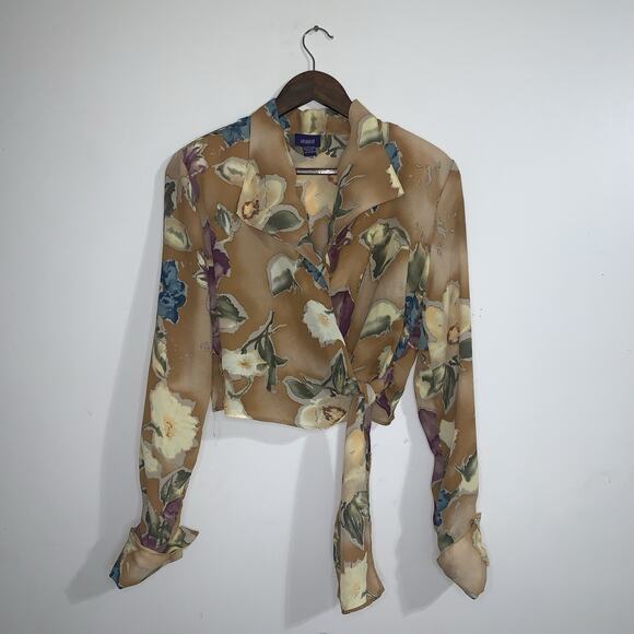 Resource Tops - RESOURCE Long Sleeve Cropped Button Down Brown Floral Top Women Blouse Size M